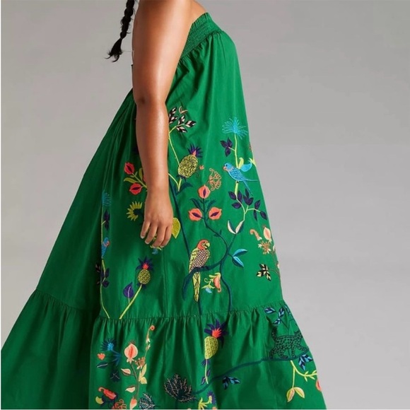 Anthropologie Rare embroidered Caribbean Kelly Green Maxi Dress - Picture 3 of 10